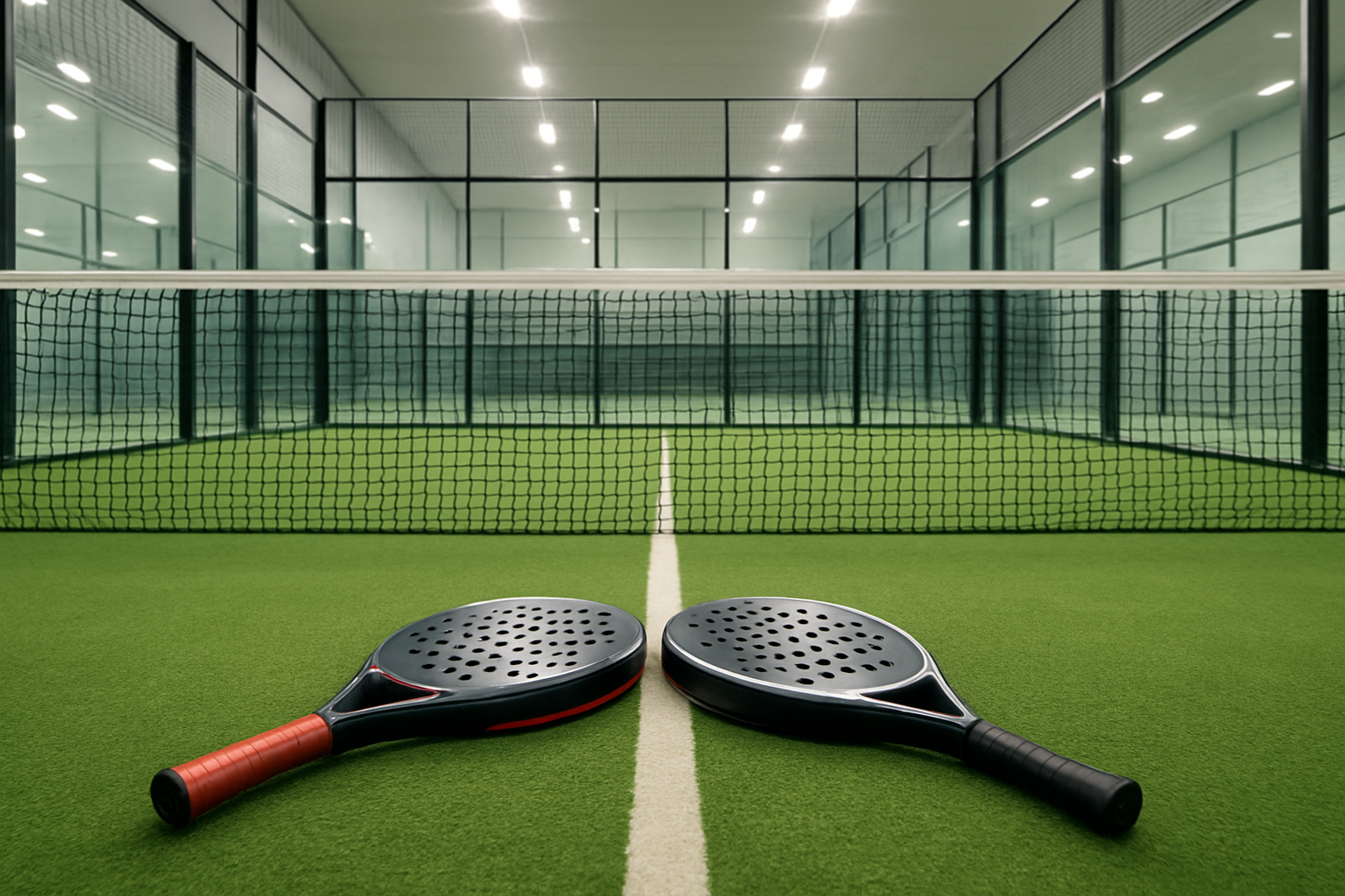 Create an image of padel court with couple of padel rackets lying on the floor